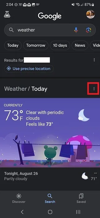 Tocando tres puntos en la aplicación de Google después de buscar el clima.