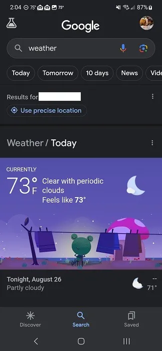 Pogoda Google wyświetlana dla lokalizacji w aplikacji Google.