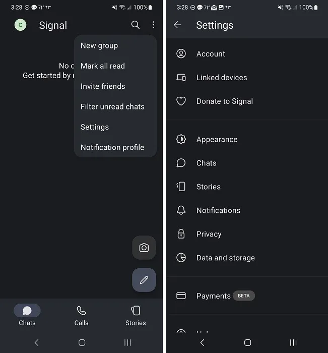 Panoramica dell'interfaccia dell'app Signal.