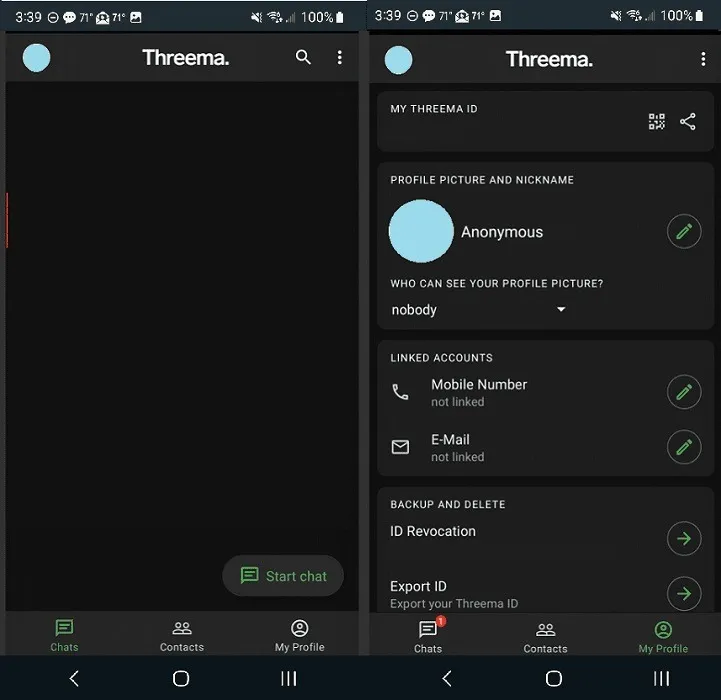 Overzicht van de Threema-app-interface.