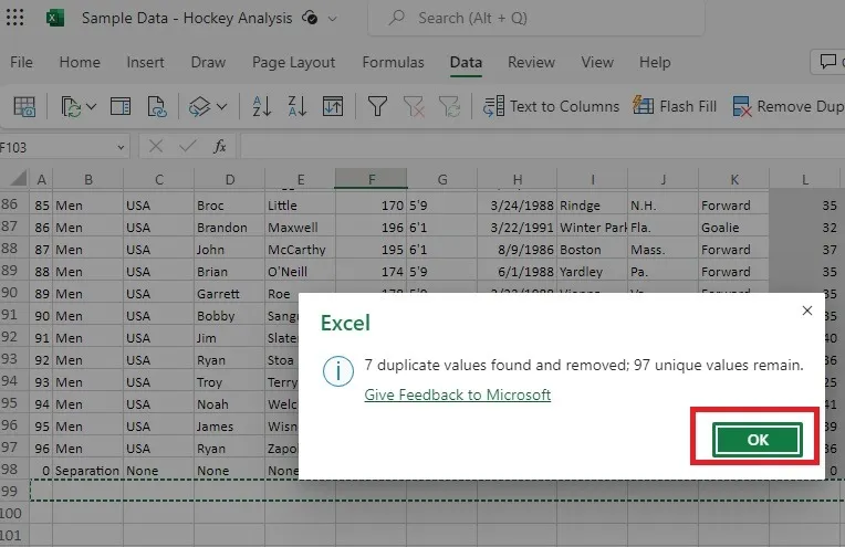 Conferma la rimozione dei duplicati in Excel