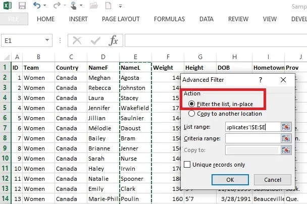 Définissez le filtre avancé pour filtrer la liste sur place dans Excel
