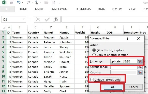Excel で高度なフィルターのリスト範囲を定義する