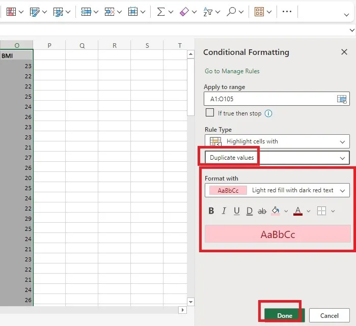 Excel の条件付き書式設定メニュー内で重複値の書式設定を選択する