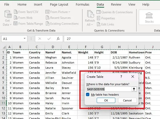 Sélectionnez les données pour Excel Power Query
