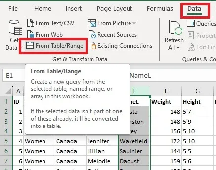 Sélectionnez À partir du tableau/plage dans l’onglet Données d’Excel pour configurer une Power Query