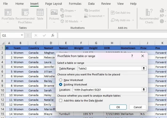Scegli dove posizionare la tabella pivot nella cartella di lavoro di Excel.