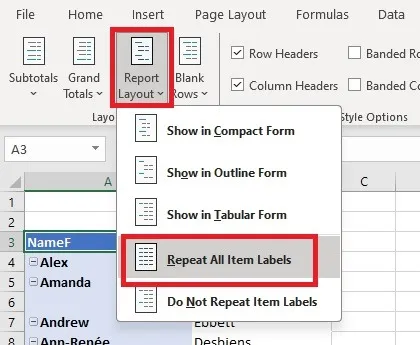 Scegli il layout del rapporto tabella pivot per ripetere tutte le etichette degli elementi