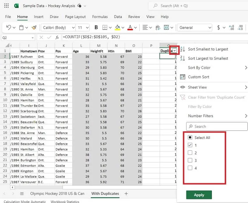 Excel で重複フィルターを表示または非表示にする