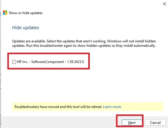 Selecionando atualizações que você deseja ocultar na ferramenta Ocultar atualização da Microsoft.