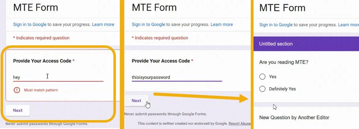 Insertion du mot de passe Google Forms