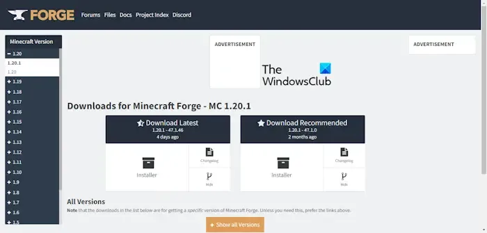 Installa il sito Web Forge Minecraft