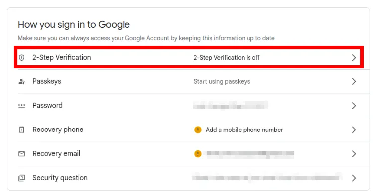 突出顯示 Gmail 帳戶的兩步驗證流程的屏幕截圖。