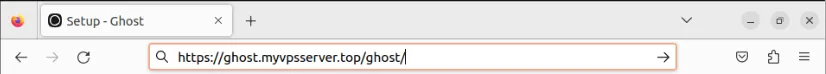 Une capture d'écran de la barre d'adresse d'un navigateur Web affichant l'URL correcte de la page de configuration de Ghost.