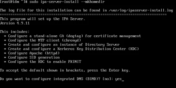 Ein Terminal, das die erste Eingabeaufforderung für das ipa-server-install-Programm anzeigt.