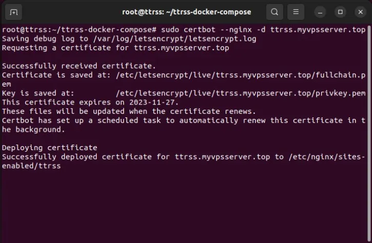 Un terminale che mostra la richiesta di certificato SSL per la mia istanza RSS Tiny Tiny.