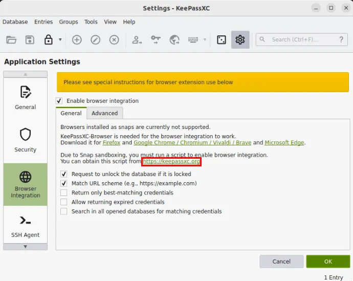 Uno screenshot che mostra il contenuto della scheda di integrazione del browser ed evidenzia il collegamento per lo script di supporto.