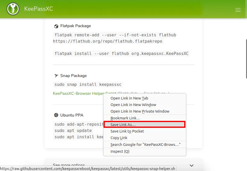 Uno screenshot che evidenzia il collegamento per il download dello script helper KeePassXC.
