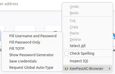 Ein Screenshot, der eine funktionierende KeePass 2-Instanz zeigt, die mit Firefox verknüpft ist.