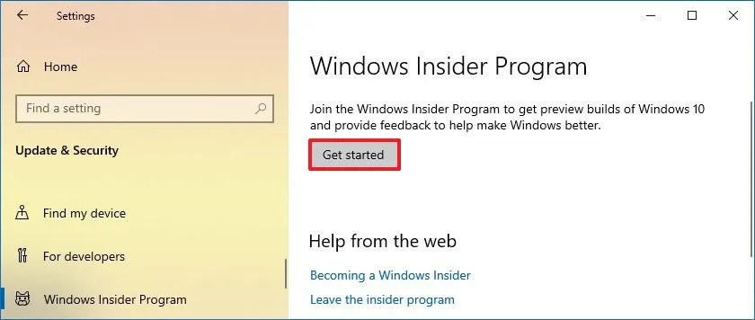 Botão Ingressar no Programa Windows Insider