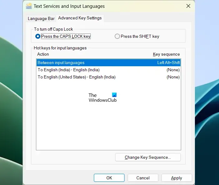 Opções da barra de idiomas