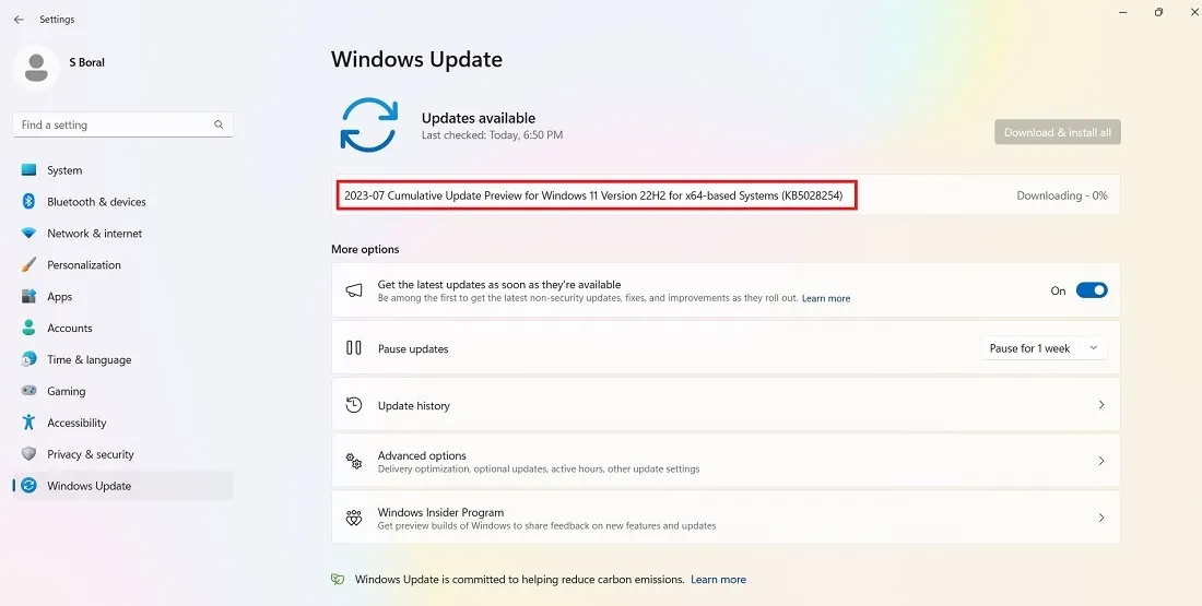 Windows 11 télécharge la mise à jour du 26 juillet, KB5028254.