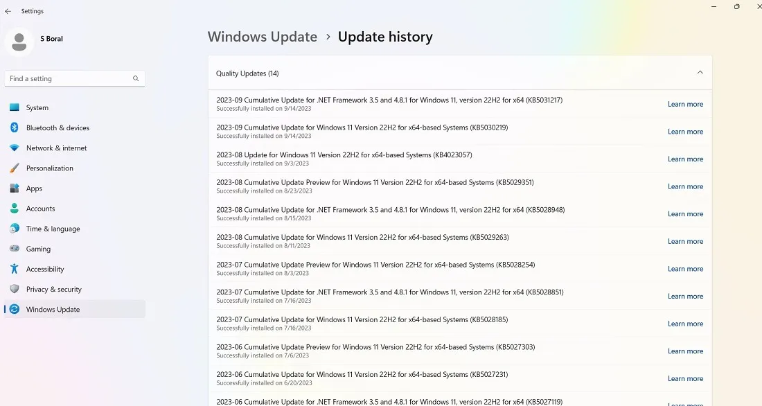 Verlauf der Qualitätsupdates für Windows 11, Stand September 2023.