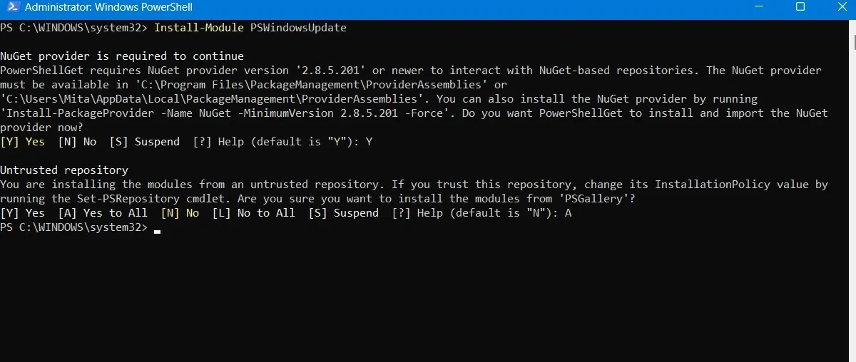 Avviso di installazione di repository non attendibili nella finestra di PowerShell.