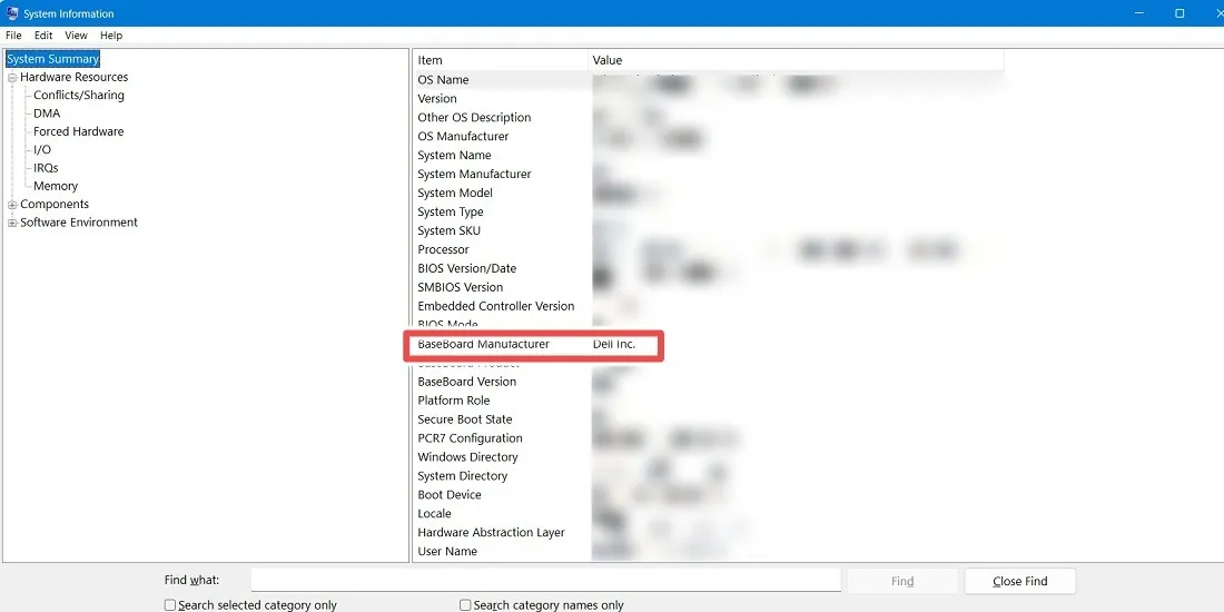 Nome del produttore della scheda madre (baseboard) trovato dalle informazioni di sistema di Windows 11.