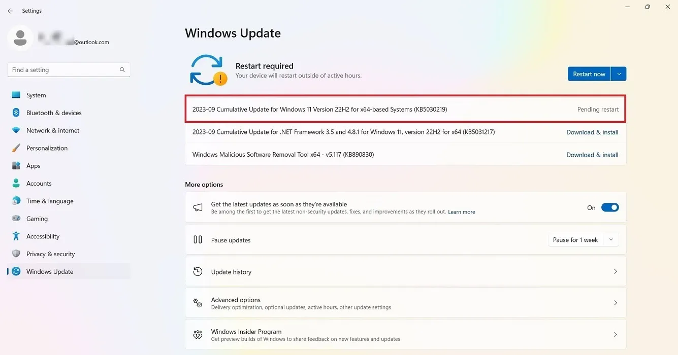 Ansicht des Updates KB5030219 in Windows 11.