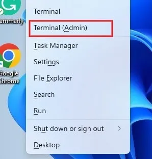 Al hacer clic en Terminal (Admin) en el menú WinX.