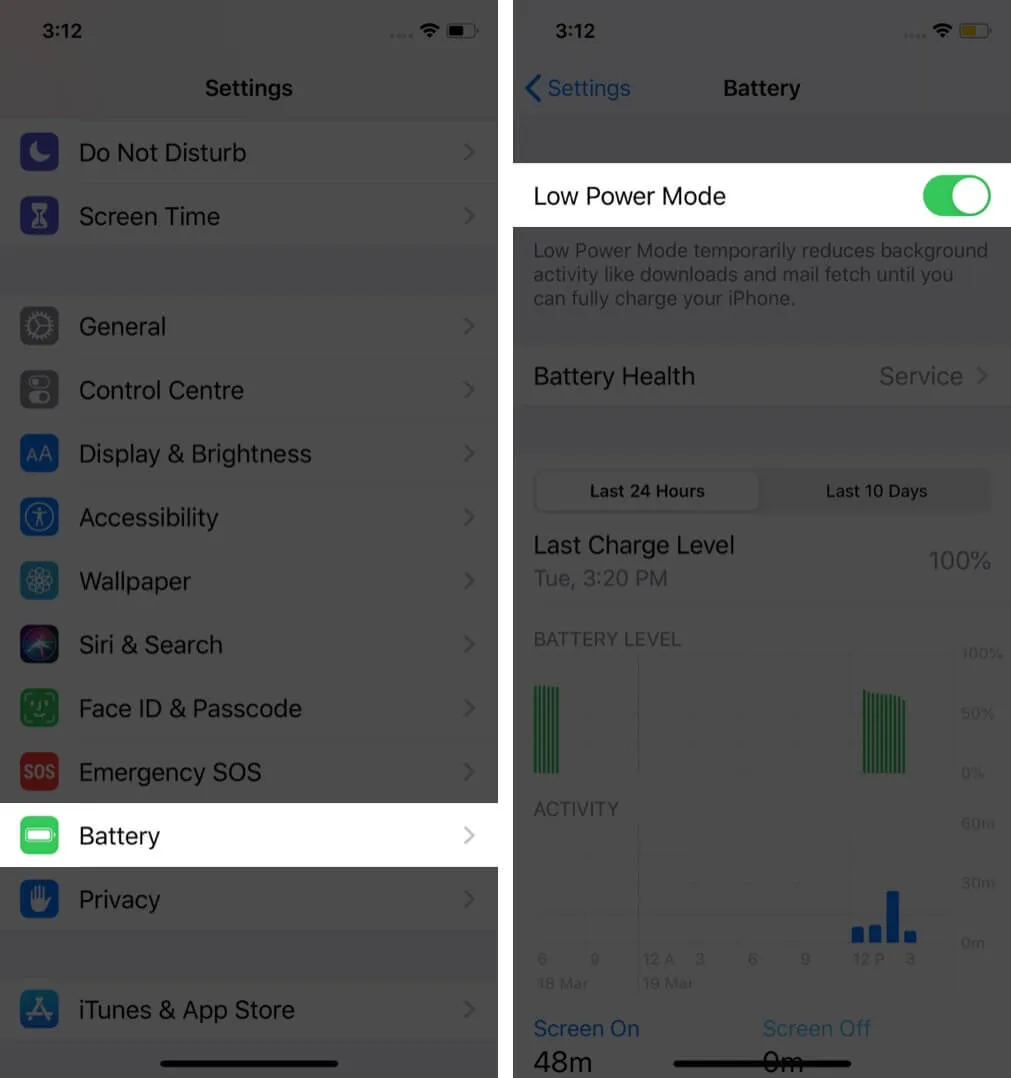 Instellingen starten Tik op Batterij en schakel de energiebesparende modus in iOS 13 in