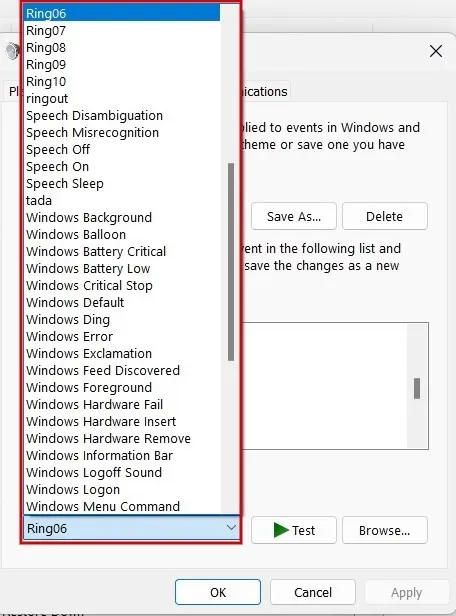 Visualización de la lista integrada de sonidos de notificación en Windows.