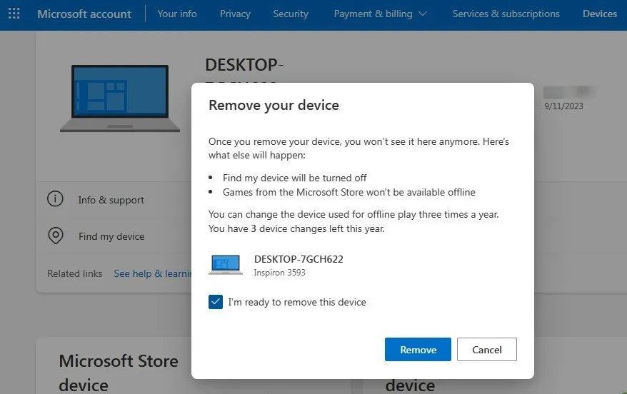 Ordinateur portable Windows supprimé du compte Microsoft à l'aide de Find My Device.