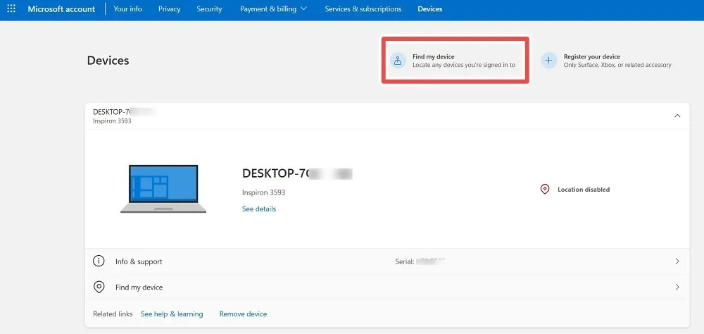 Durch Klicken auf „Mein Gerät suchen“ wird im Microsoft-Konto online angezeigt, wobei die Anmeldeinformationen des Windows-Computers deutlich sichtbar sind.