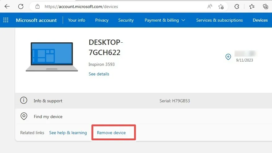 Elimine el dispositivo en Buscar mi dispositivo usando la cuenta en línea de Microsoft.