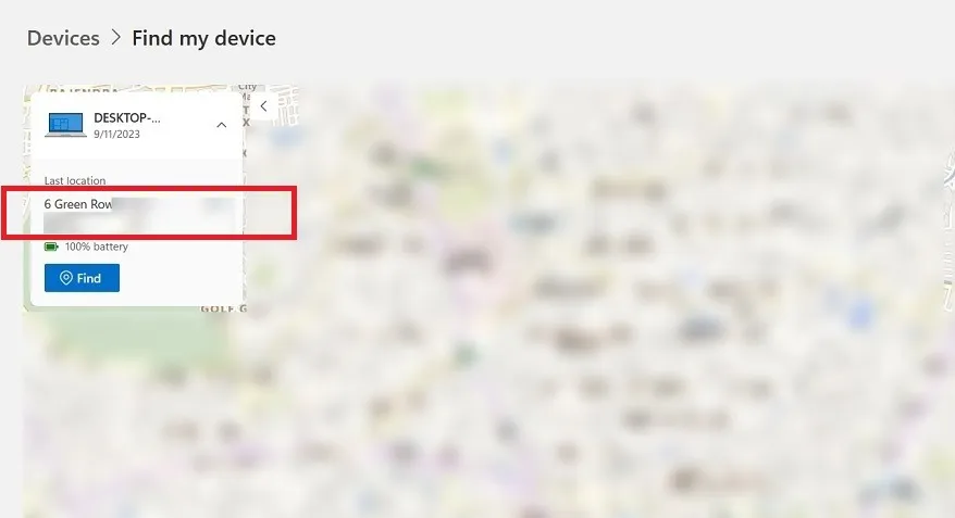 Localisation précise tracée à l'aide de l'application Find My Device sur le navigateur Microsoft Edge.
