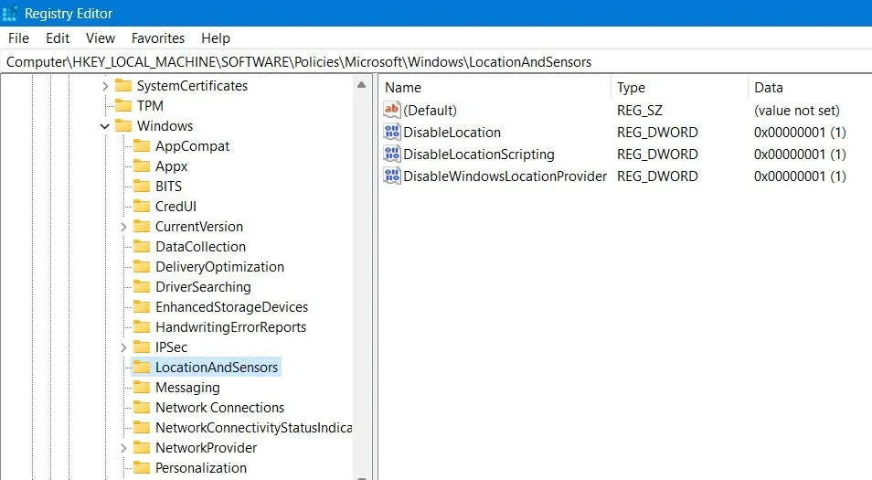 Clé d'emplacements et de capteurs dans l'éditeur de registre Windows.