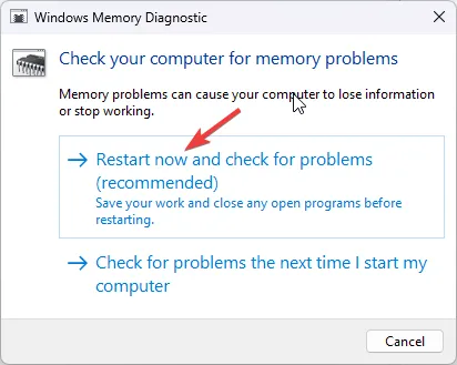 Windows Memory Diagnostic-venster, selecteer Nu opnieuw opstarten en controleer op problemen.