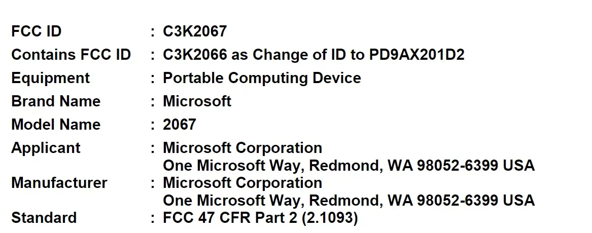 Microsoft Surface FCC