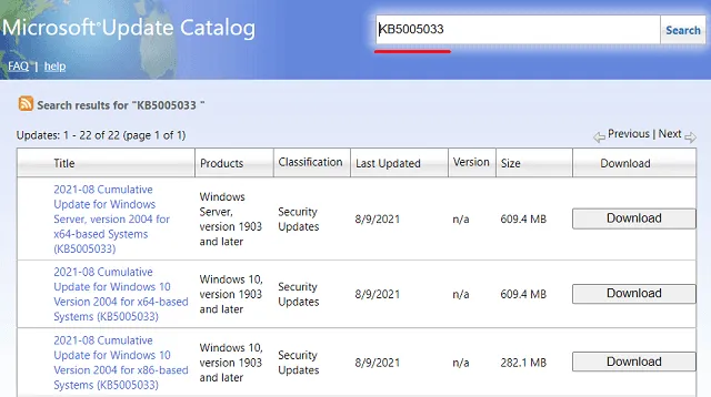 Catalogo di Microsoft Update - Ricerca KB