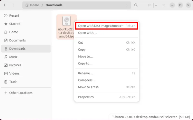 Une capture d'écran de l'option contextuelle de montage du disque Nautilus File Manager.