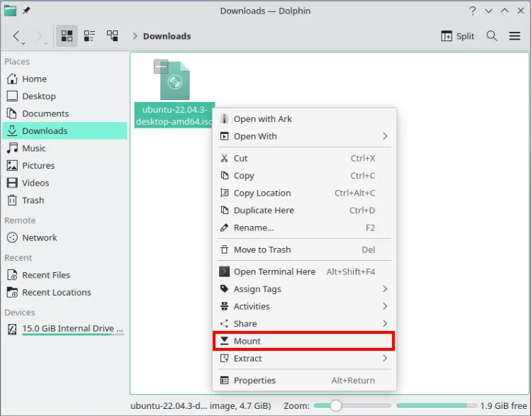 Dolphin File Manager 내의 탑재 옵션을 강조 표시하는 스크린샷.