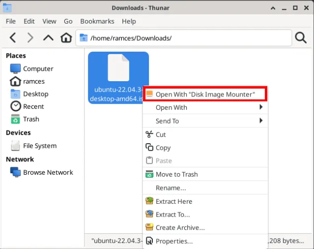螢幕截圖突顯了 Thunar 檔案管理器內的「磁碟映像安裝程式」選項。