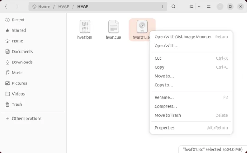 Ein Screenshot, der die kombinierte ISO-Datei aus den Dateien hvaf.bin und hvaf.cue zeigt.