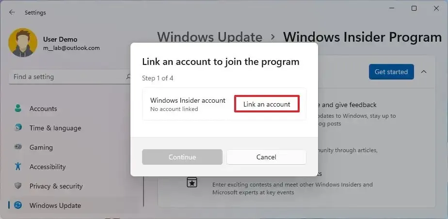 Programme Insider d’inscription à un compte Microsoft