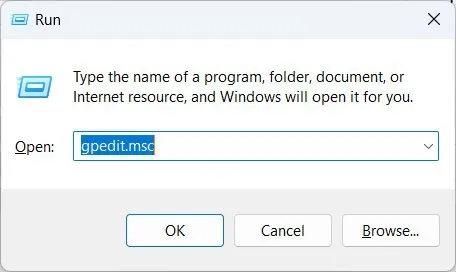 Abrindo o Editor de Política de Grupo por meio do Windows Run.