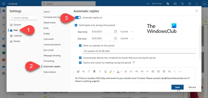 Resposta de ausência temporária no Outlook Web