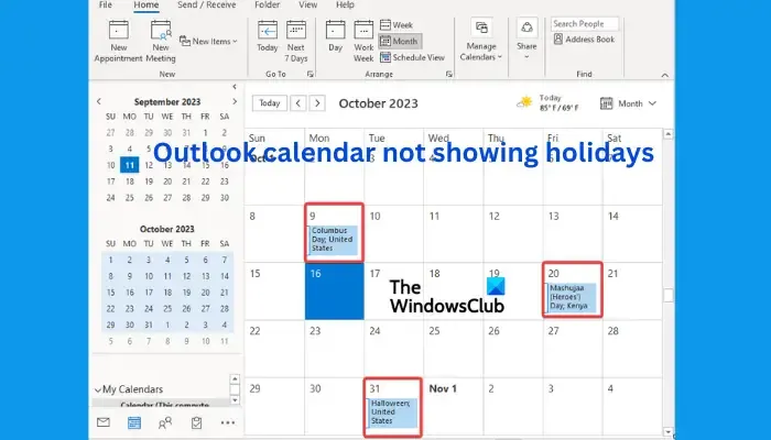 Calendário do Outlook não mostra feriados