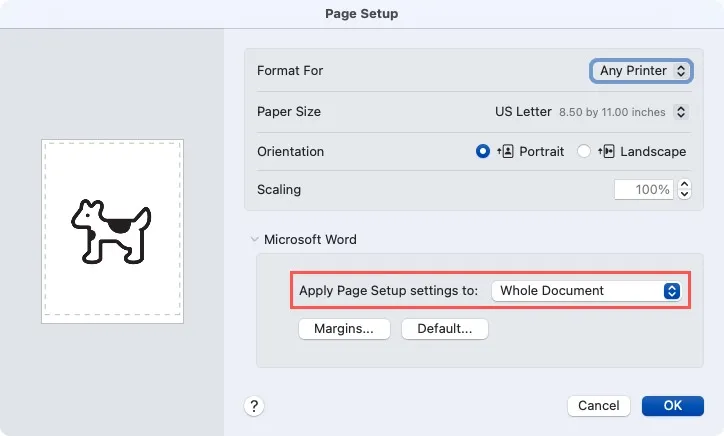 Mac 上の Word のページ設定の適用先ボックス